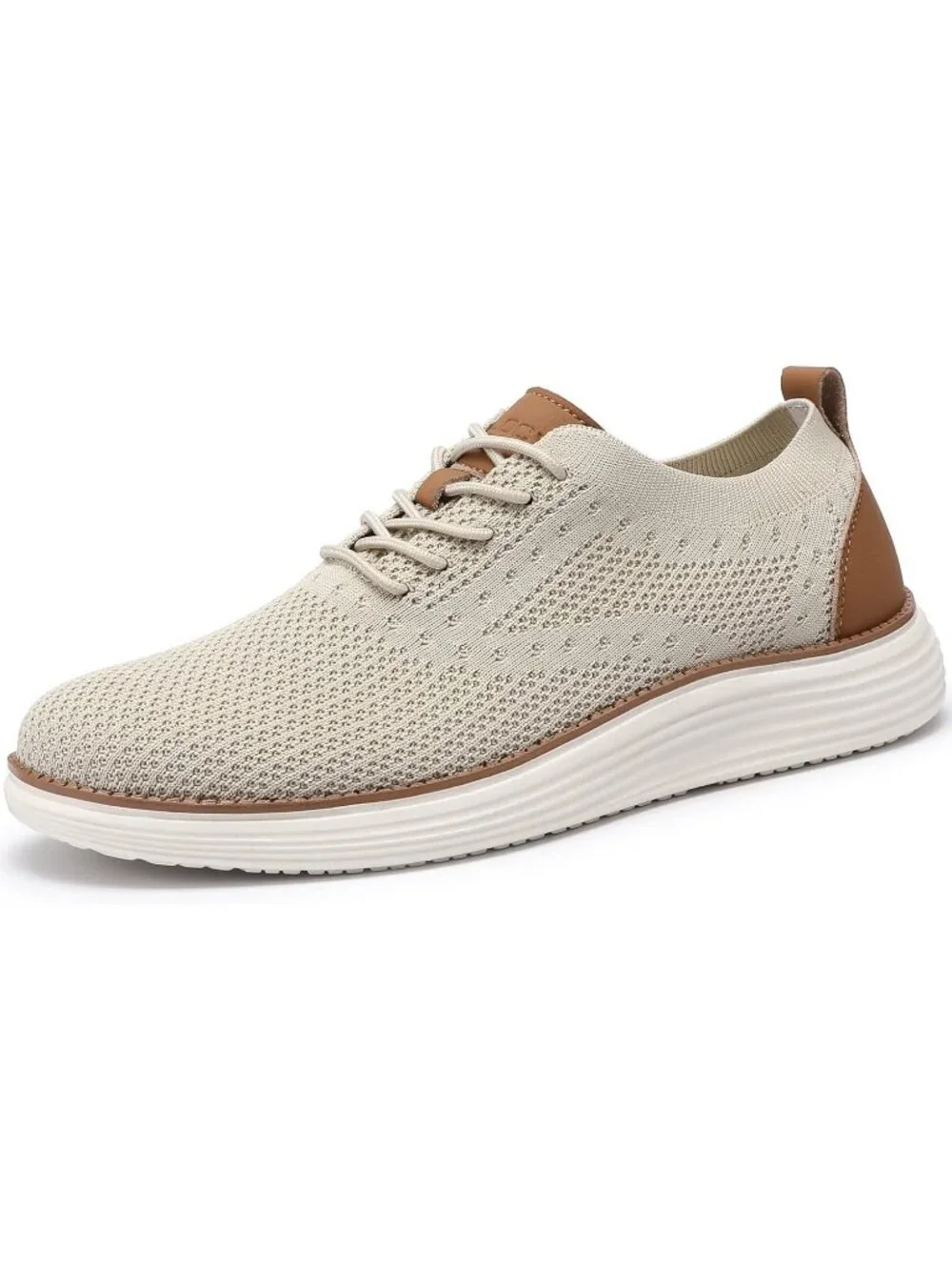 Men's Beige Knit Comfortable Casual Lace-Up Oxfords Breathable Walking Sneakers